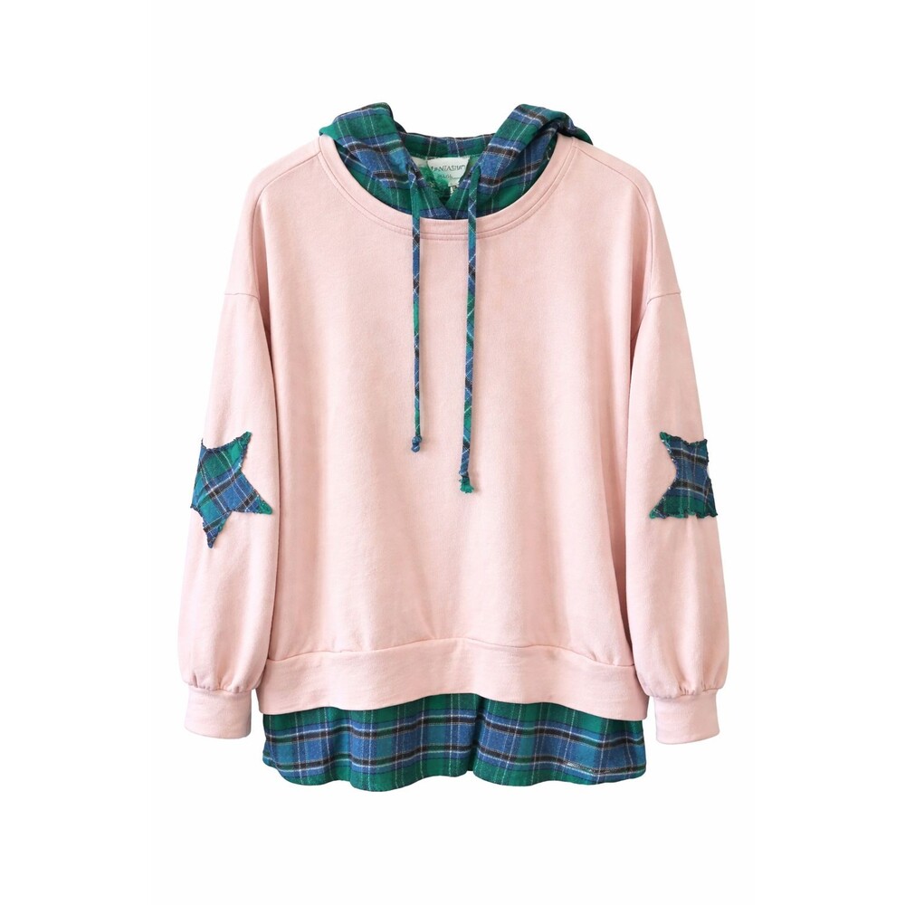 Fantastic Fawn Pink Hoodie with Plaid Accents L